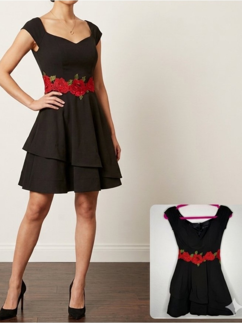 B. Darlin Black Off-Shoulder Rose Embroidered Mini Dress Size 5/6